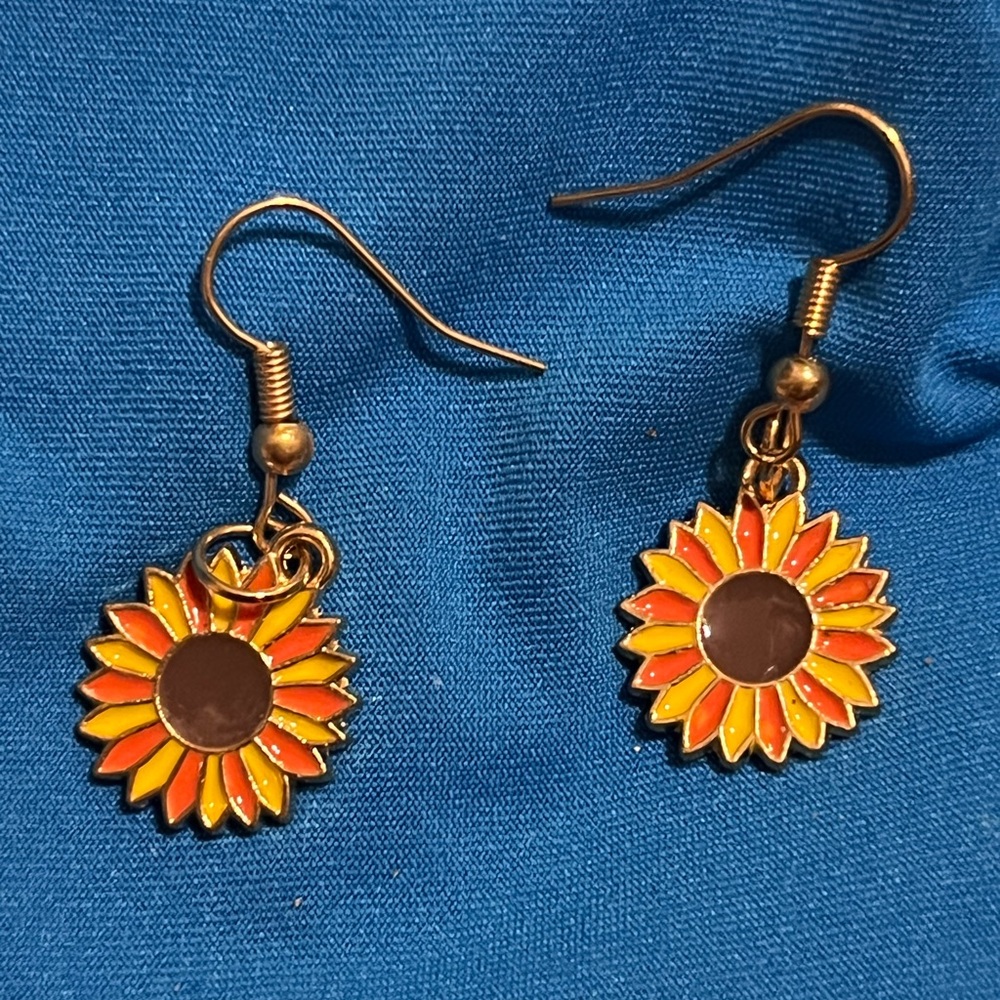 Sunflower Dangle Earrings - Orange and Gold